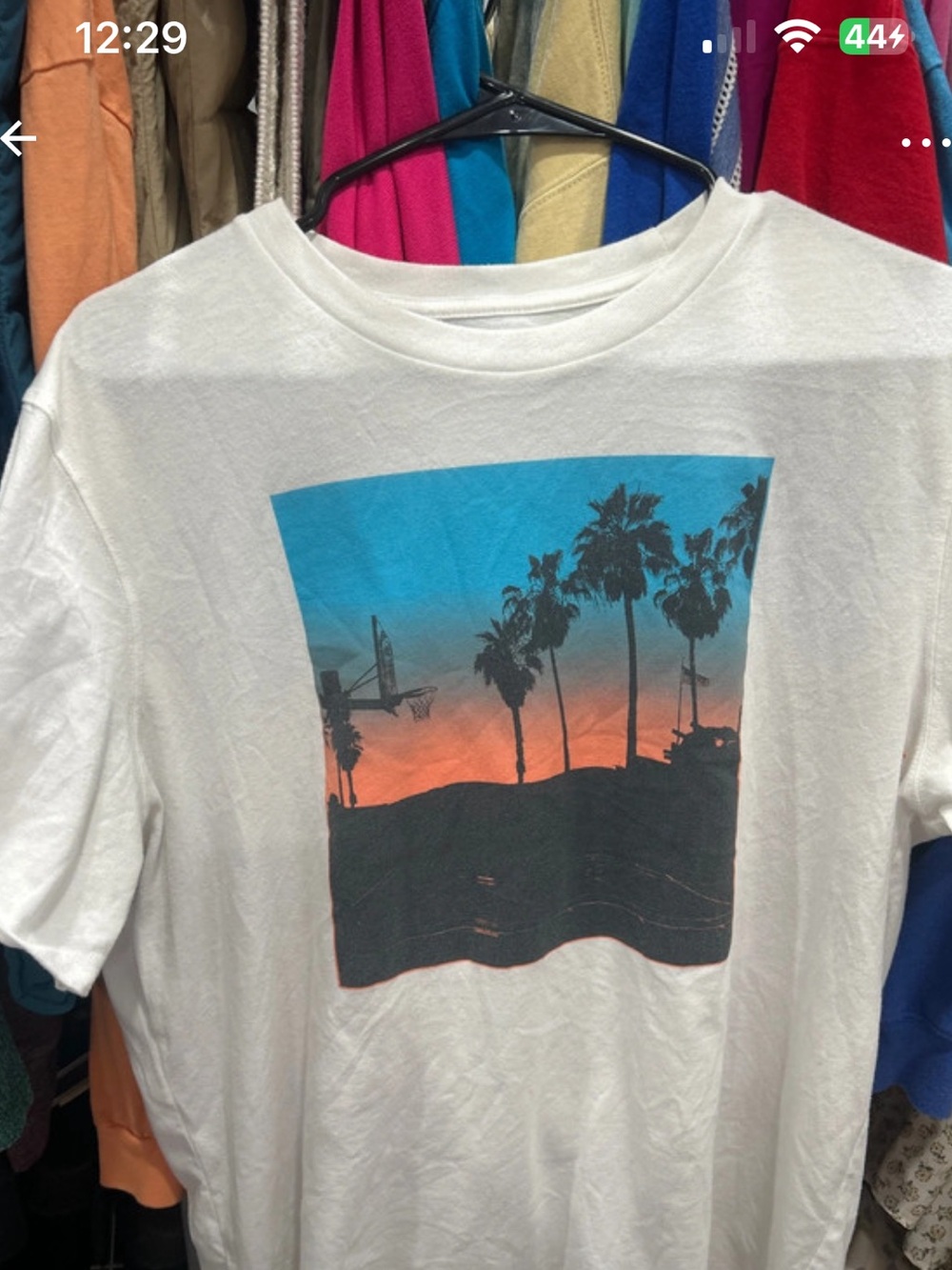Old Navy White Tee with Blue and Orange Sunset Palm Graphic